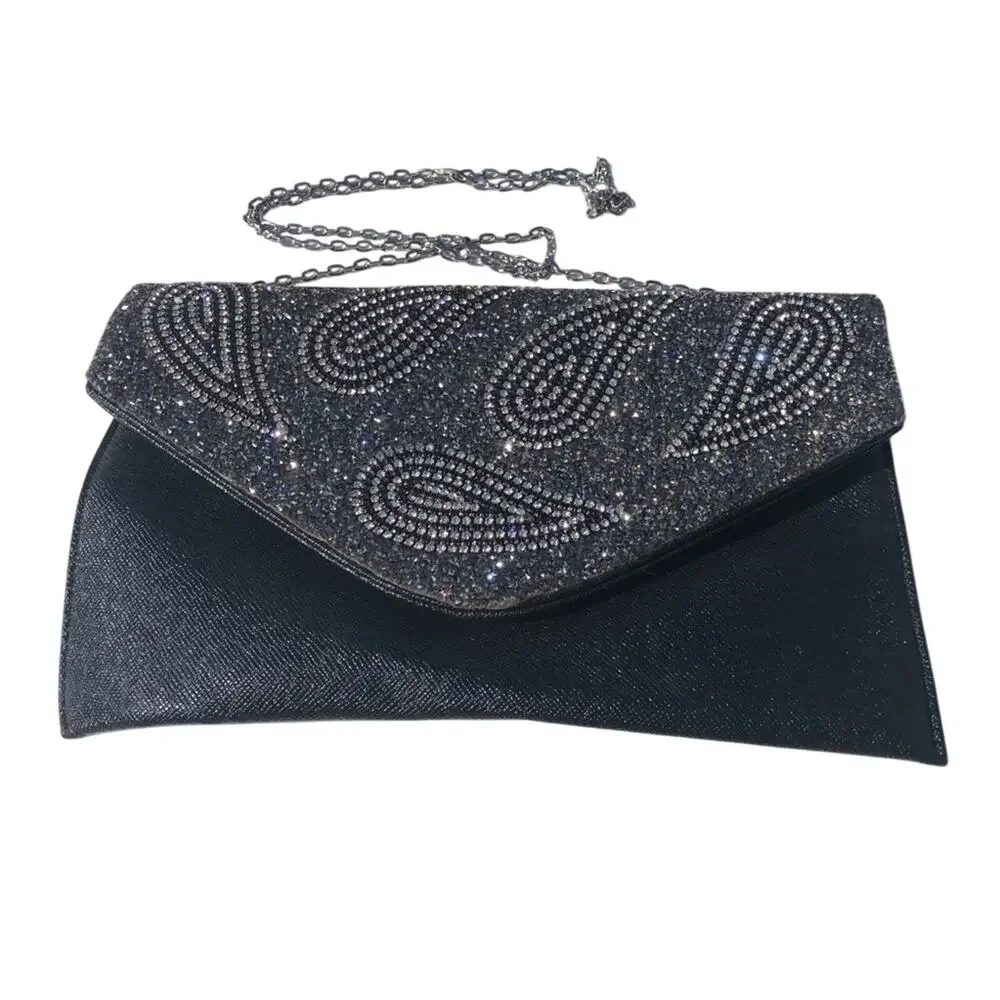 Black Sparkly Evening Bag With Chain Strap Wedding Prom Party